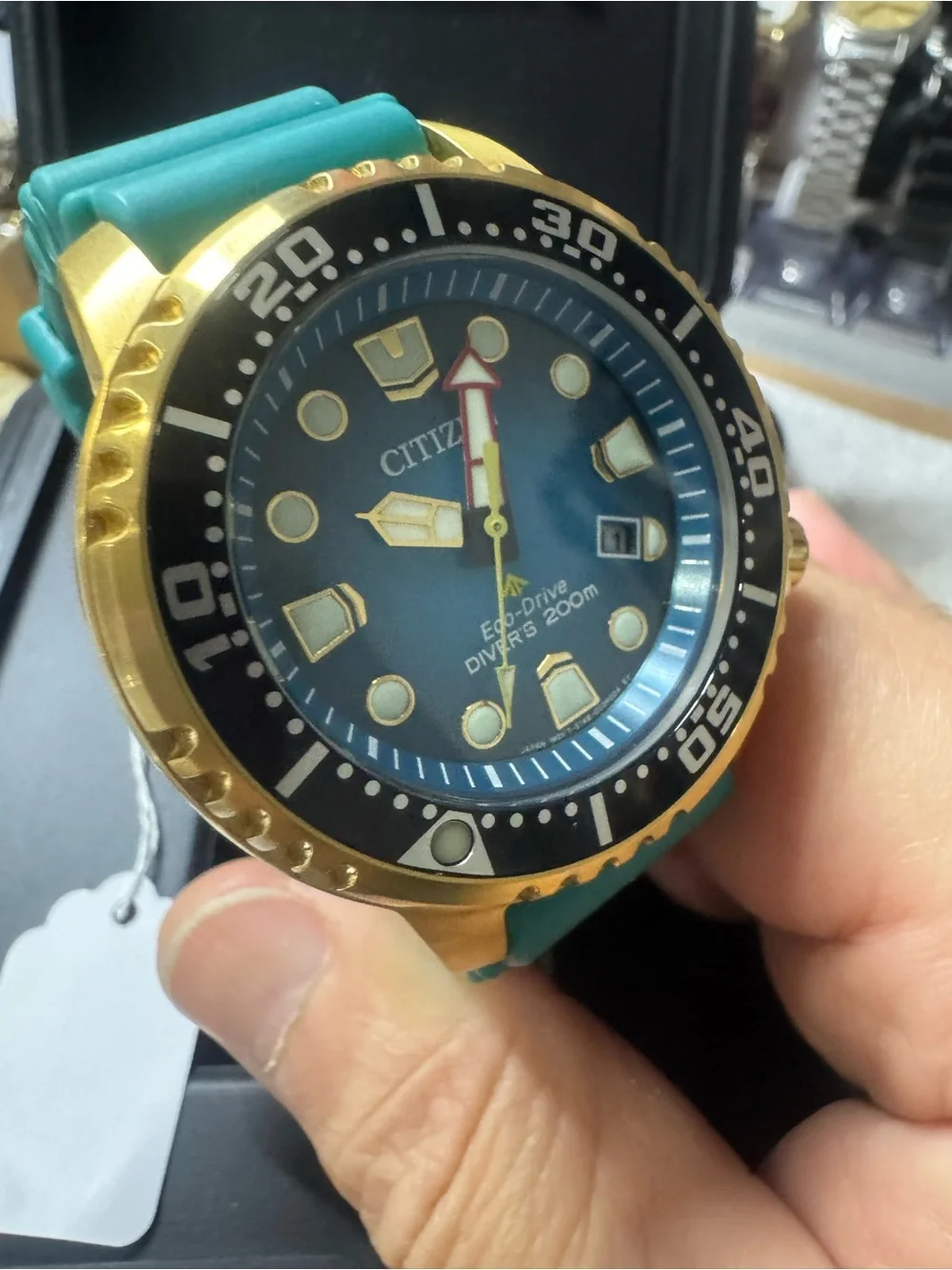 #190 Citizen Blue Dial Diver Watch with Gold-Tone Case and Teal Strap